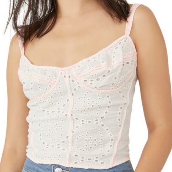 Free People Tops - FREE People White and Peach Cotton Eyelet Corset Smocked Back Top -Sz Small, NWT